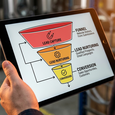 Marketing funnel showing lead capture, lead nurturing, and conversion stages