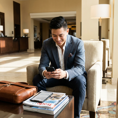 Business professional reviewing AI search results on a phone